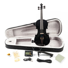 GV102 4/4 Solid Wood EQ Violin Case Bow Violin Strings Shoulder Rest Electronic Tuner Connecting Wire Cloth Black