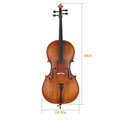 Full Side 4/4 Matte Natural Color Spruce Panel Cello with Bag Bow Rosin Bridge Strings