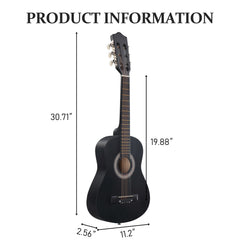 No logo Matte Black 30-inch Round Acoustic Guitar with Picks, Strings, Capo, Case, Tuner, and Strap