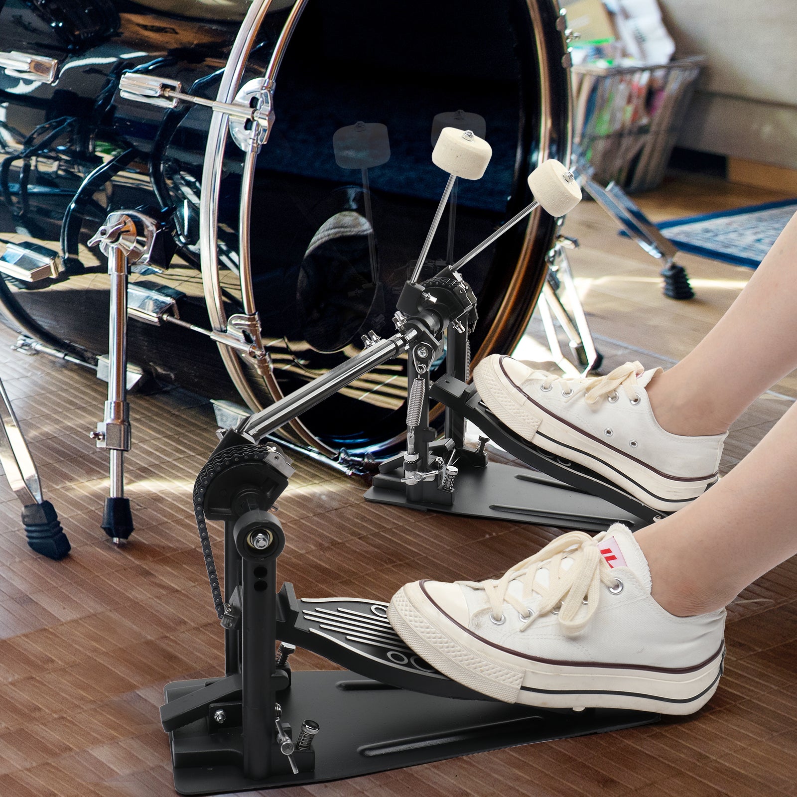 Szzzp Wool Felt Hammer Double Drum Pedal Professional Double Bass Drum Pedal Black