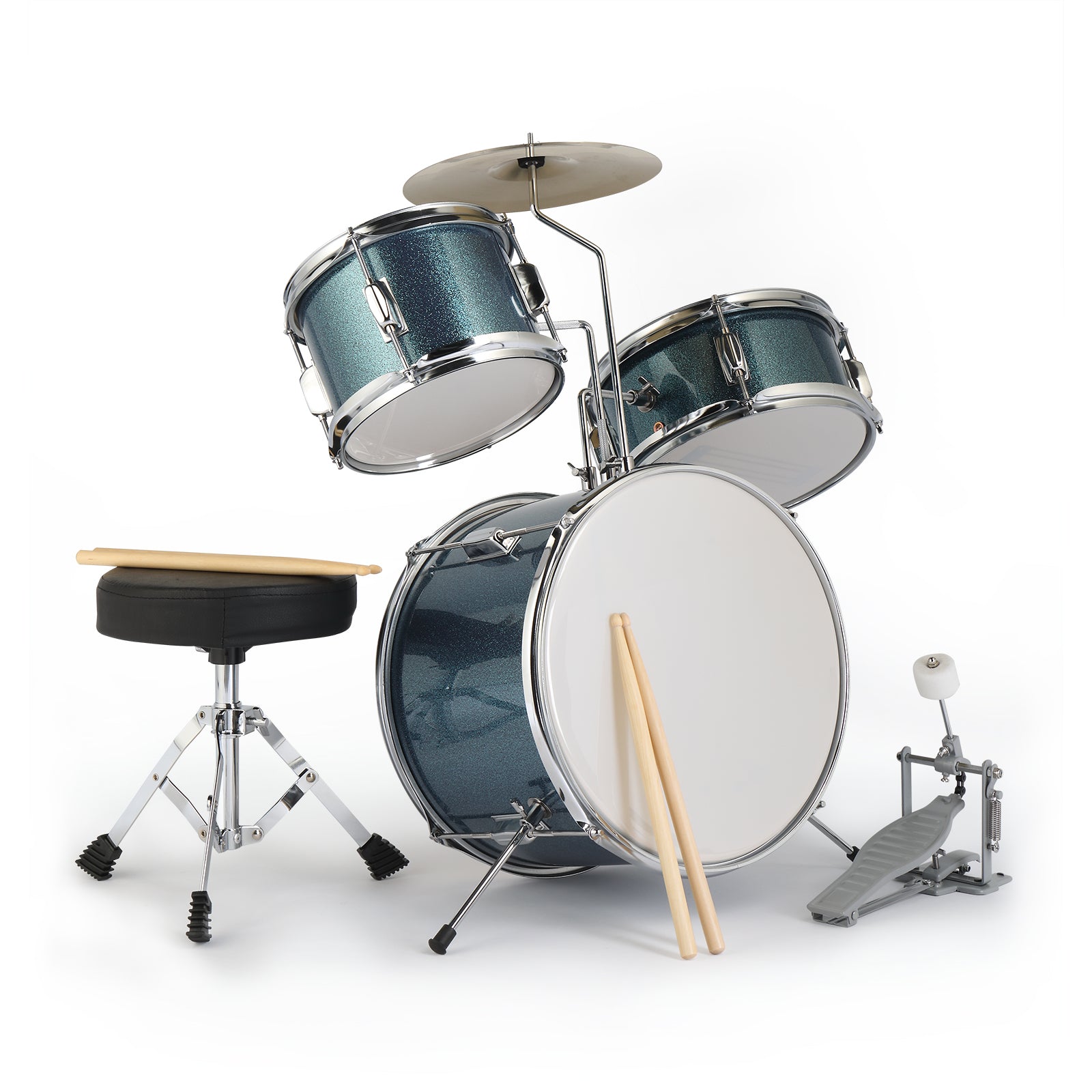 Szzzp 14"x10" 3-Pieces Junior Kids Drum Set Kit Pedal Drum Stick Wrench Drum Stool Sky Blue