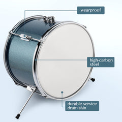 Szzzp 14"x10" 3-Pieces Junior Kids Drum Set Kit Pedal Drum Stick Wrench Drum Stool Sky Blue