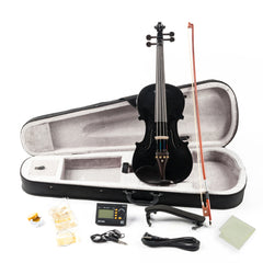GV102 4/4 Solid Wood EQ Violin Case Bow Violin Strings Shoulder Rest Electronic Tuner Connecting Wire Cloth Black