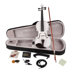 GV102 4/4 Solid Wood EQ Violin Case Bow Violin Strings Shoulder Rest Electronic Tuner Connecting Wire Cloth White