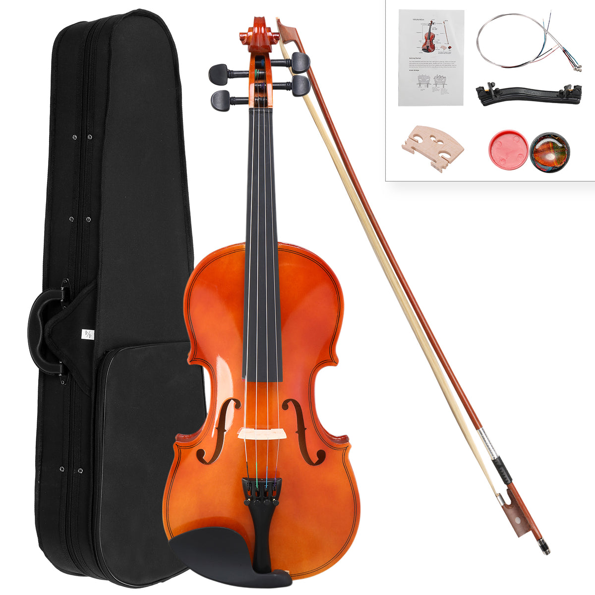 GV100 3/4 Natural color Acoustic Violin Case Bow Rosin Strings Shoulder RestNatural color