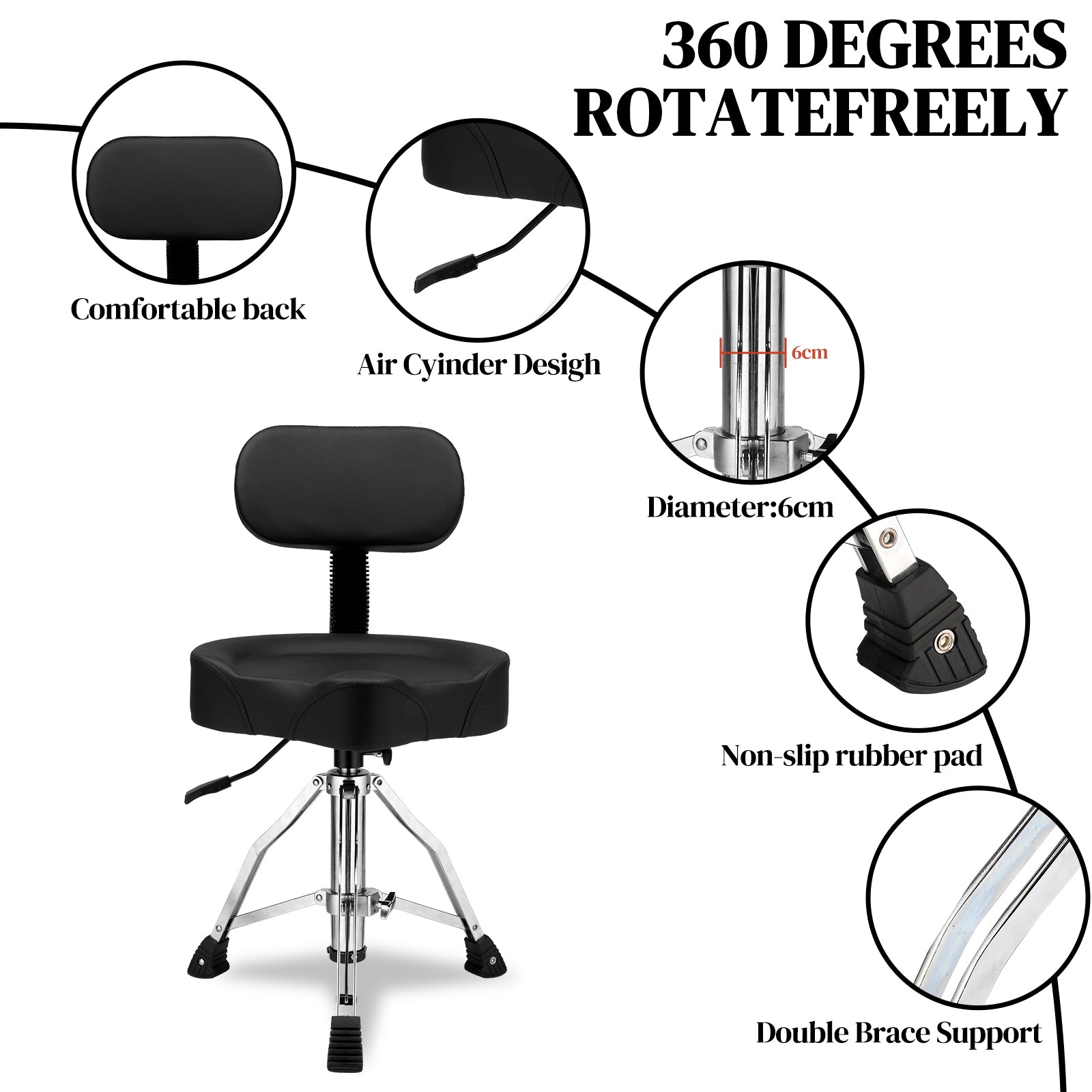 Szzzp Drum Throne with Backrest, Hydraulic Drum Stool Adjustable Height, Heavy Duty Hydraulic Drum Seat Saddle Design for Drummers - Black