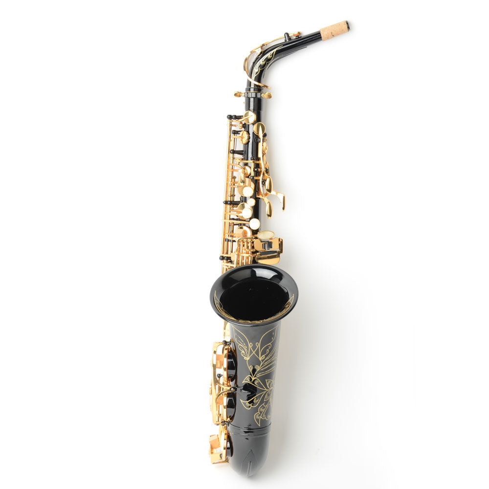 Szzzp Be Brass Carving Pattern Pearl White Shell Button Saxophone with Strap - Black
