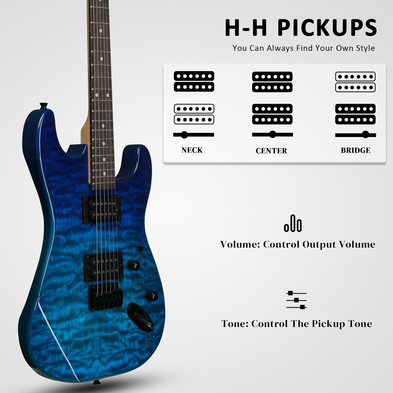 Szzzp 39in Electric Guitar H-H Pickups Trans Blue suit for Heavier Rock
