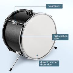 Szzzp 14"x10" 3-Pieces Junior Kids Drum Set Kit Pedal Drum Stick Wrench Drum Stool Black