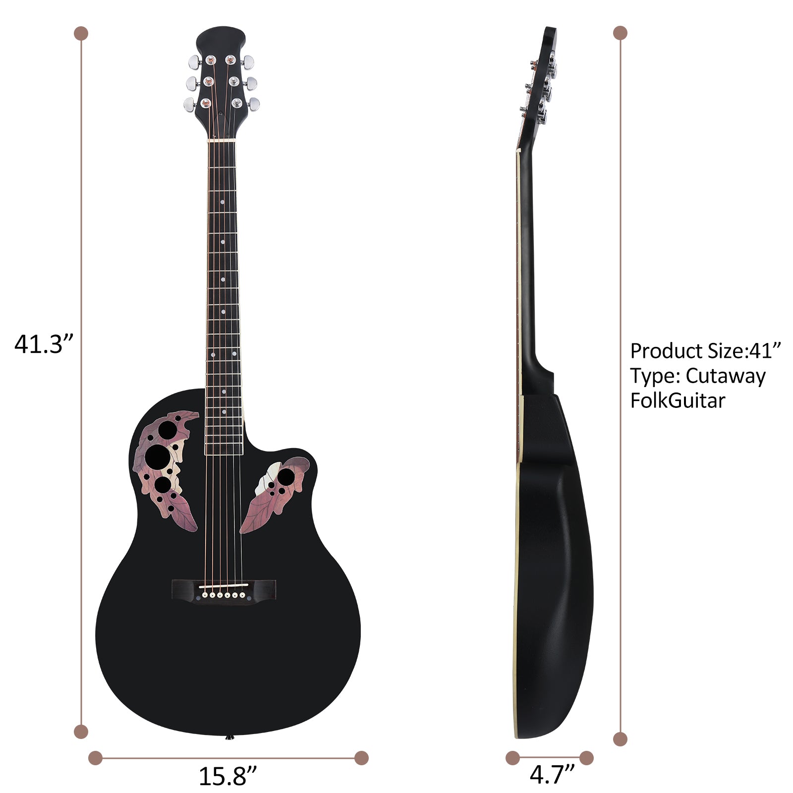 Szzzp 41 inch Cutawary Round Back Acoustic Guitar Spruce Top Grape Hole - Black