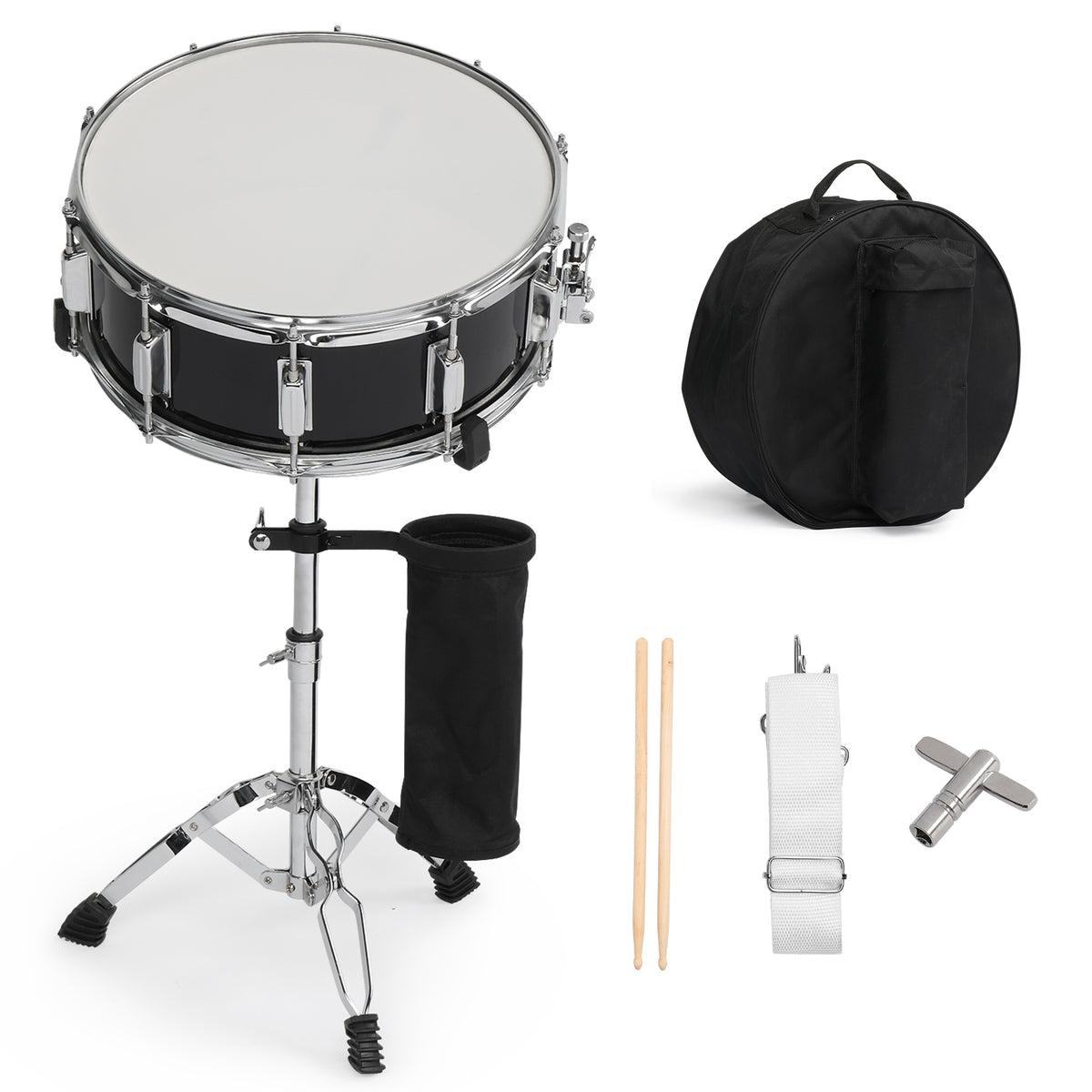 Szzzp 14 x 5.5in Snare Drum Set with Drumstick Holder, Snare Drum Bag, Strap, Mute Pad & Drum Stick for Beginner Student Black
