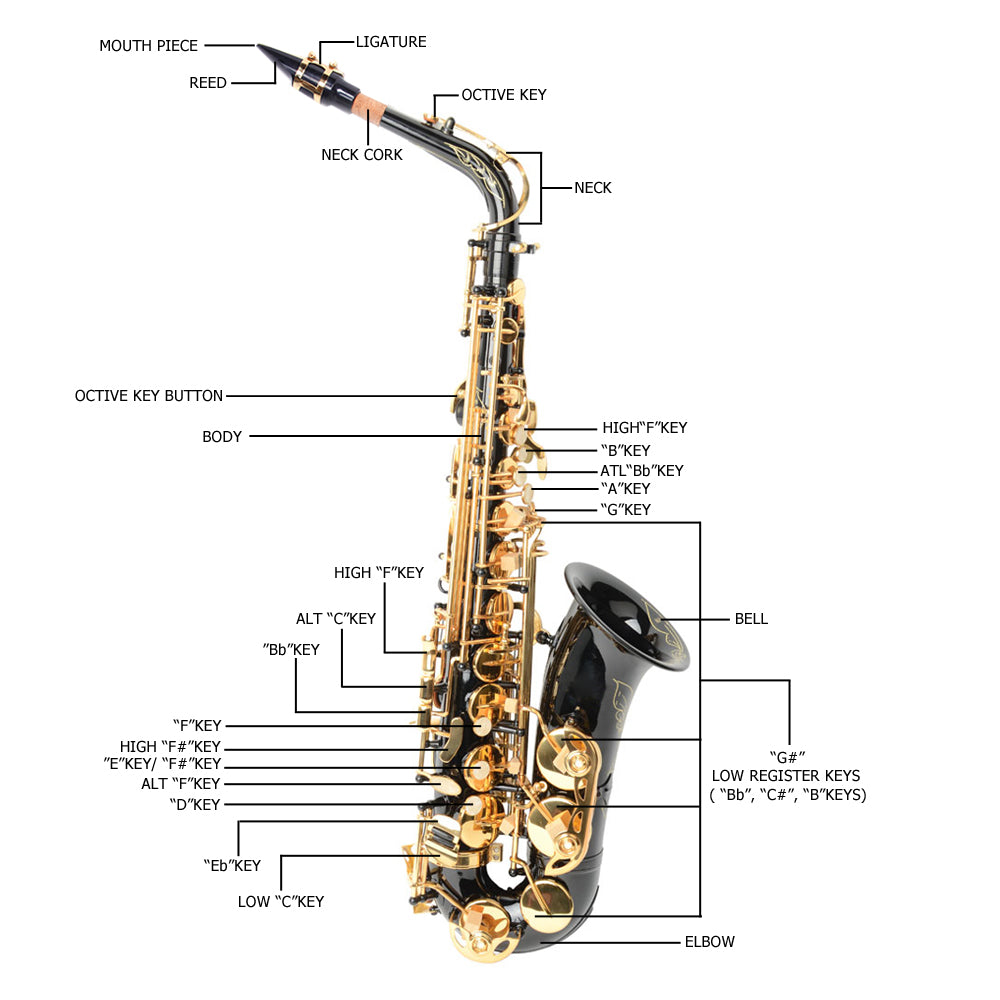 Szzzp Be Brass Carving Pattern Pearl White Shell Button Saxophone with Strap - Black