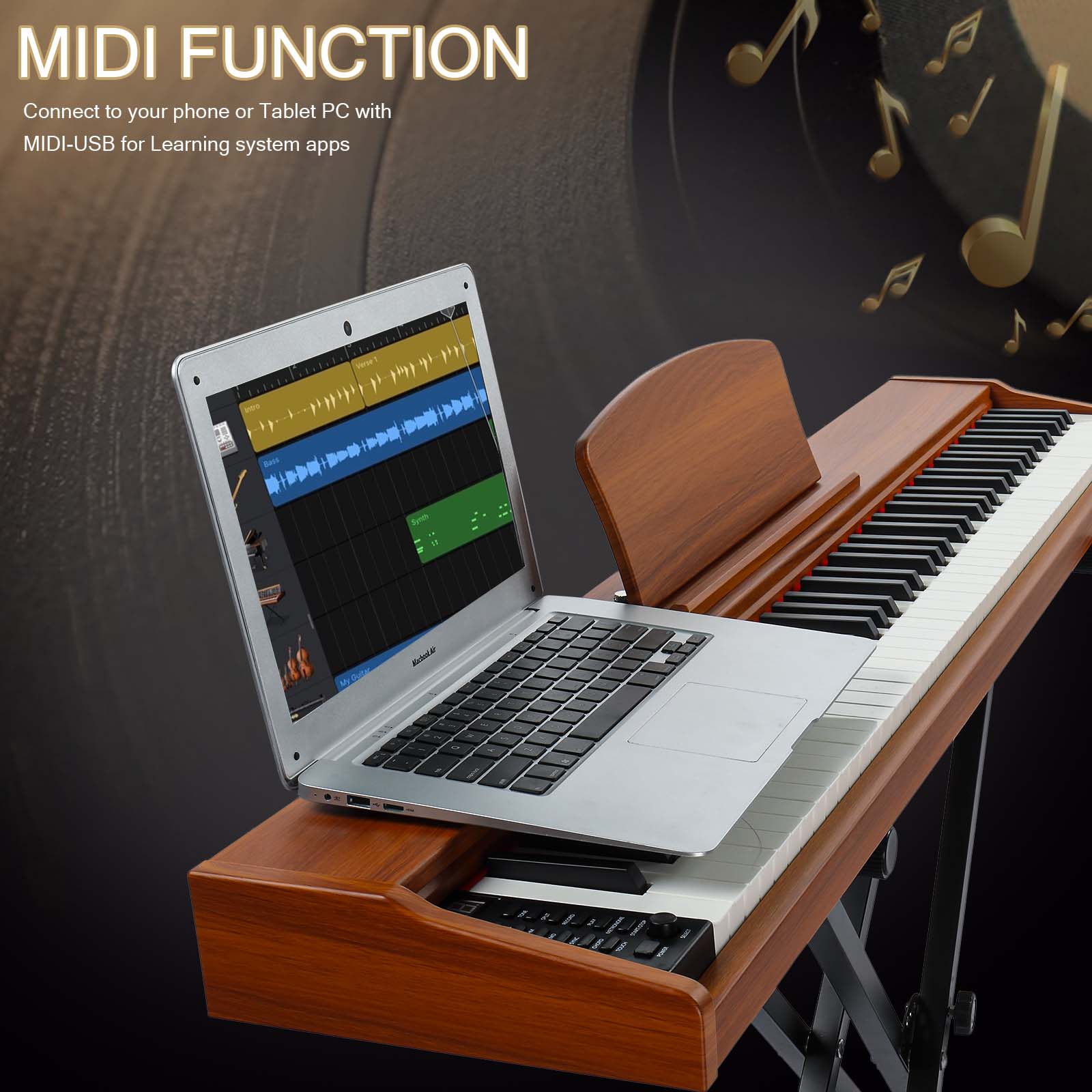 Szzzp GPP-107 88 Key Full Size Semi-Weighted Standard Keyboards Wooden Digital Piano with Stand,MIDI Bluetooth,Triple Pedals,Headphone and other accessories, Walnut