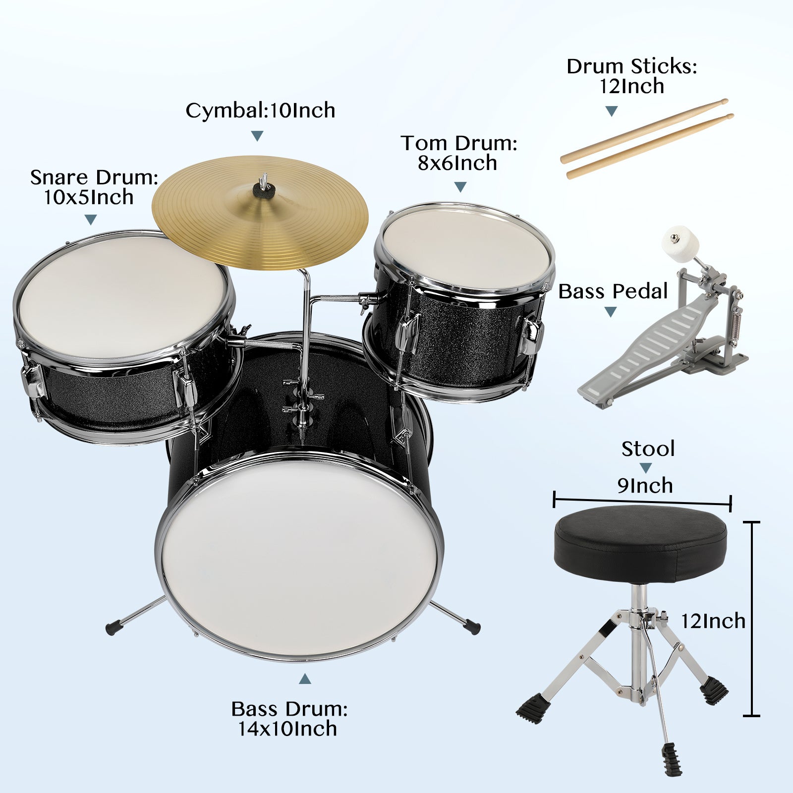 Szzzp 14"x10" 3-Pieces Junior Kids Drum Set Kit Pedal Drum Stick Wrench Drum Stool Black
