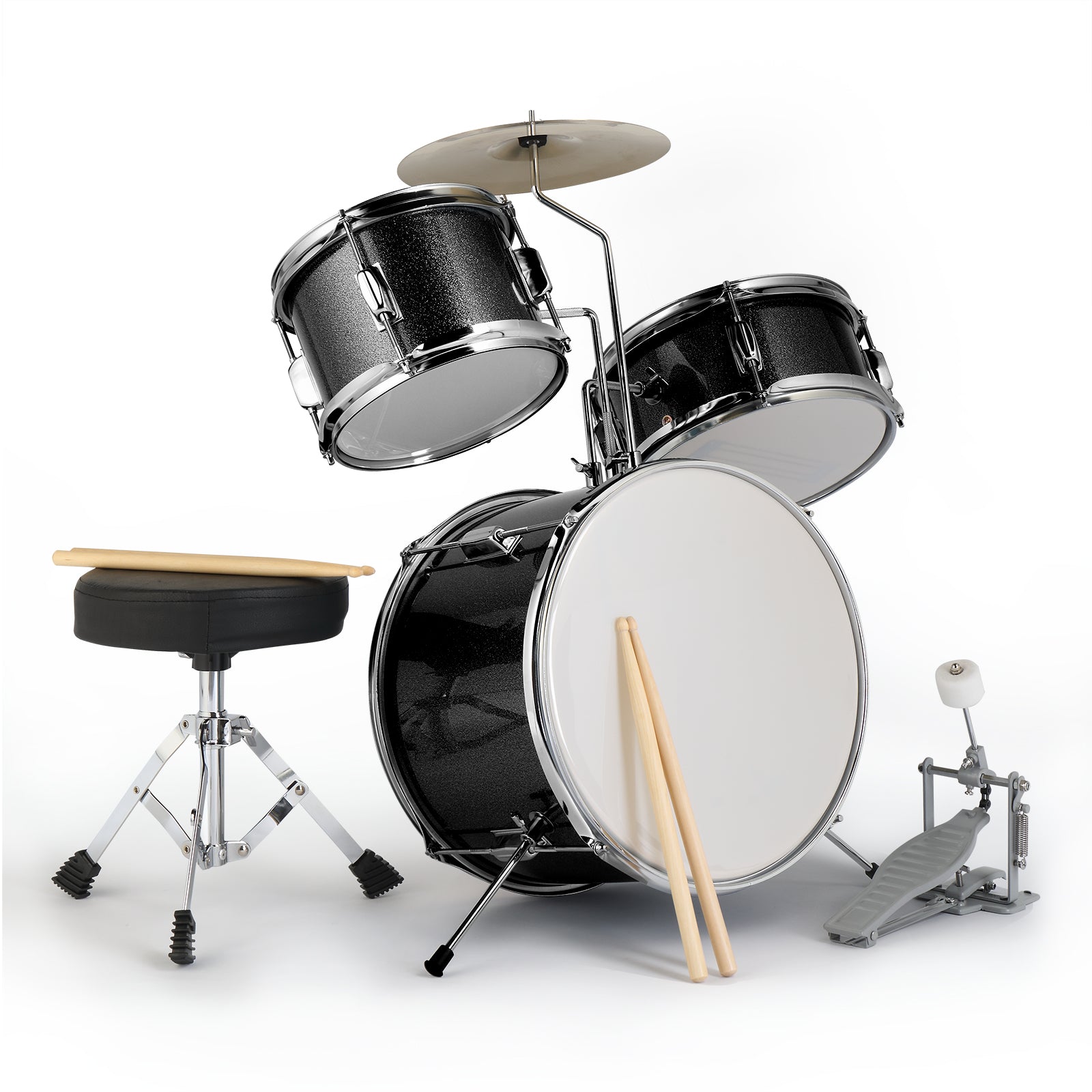 Szzzp 14"x10" 3-Pieces Junior Kids Drum Set Kit Pedal Drum Stick Wrench Drum Stool Black