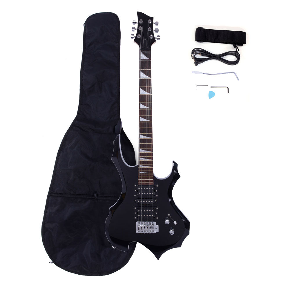 Szzzp Novice Flame Shaped Electric Guitar HSH Pickup Bag Strap Paddle Rocker Cable Wrench Tool Black