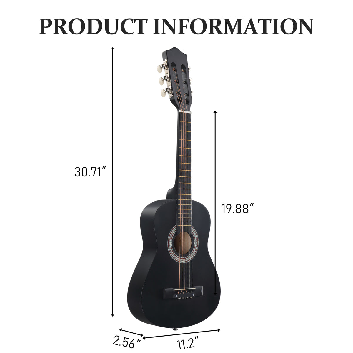 No logo Matte Black 30-inch Round Acoustic Guitar with Picks, Strings, Capo, Case, Tuner, and Strap