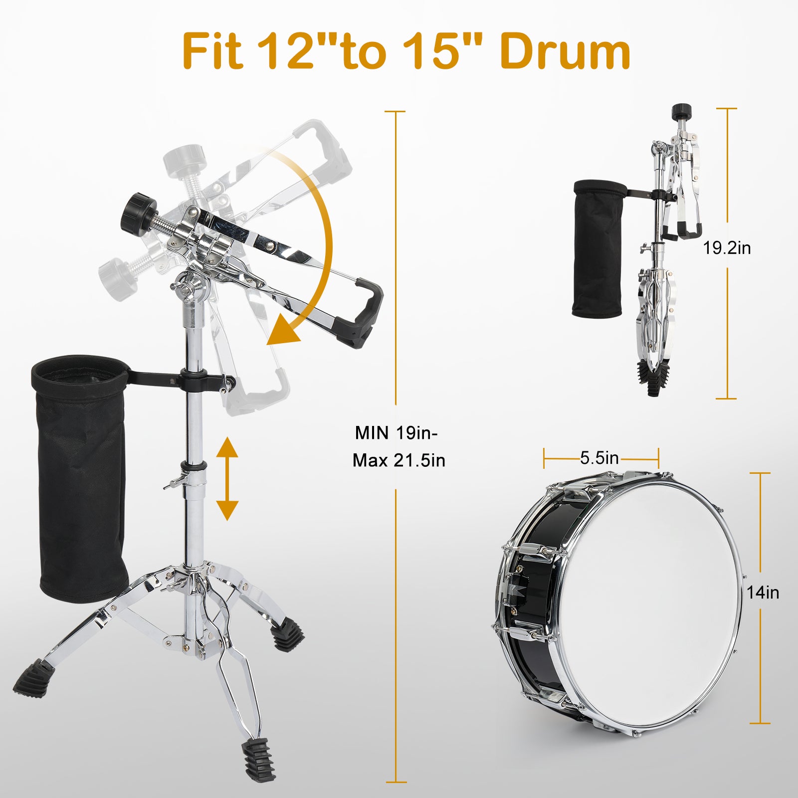 Szzzp 14 x 5.5in Snare Drum Set with Drumstick Holder, Snare Drum Bag, Strap, Mute Pad & Drum Stick for Beginner Student Black