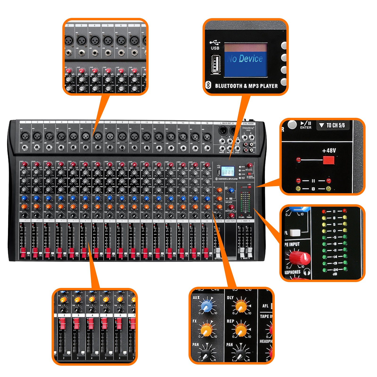 Szzzp Digital 16-Channel Mixer Sound Board Console Wireless Live Studio Audio Mixer Power Mixing USB (110V-220V)