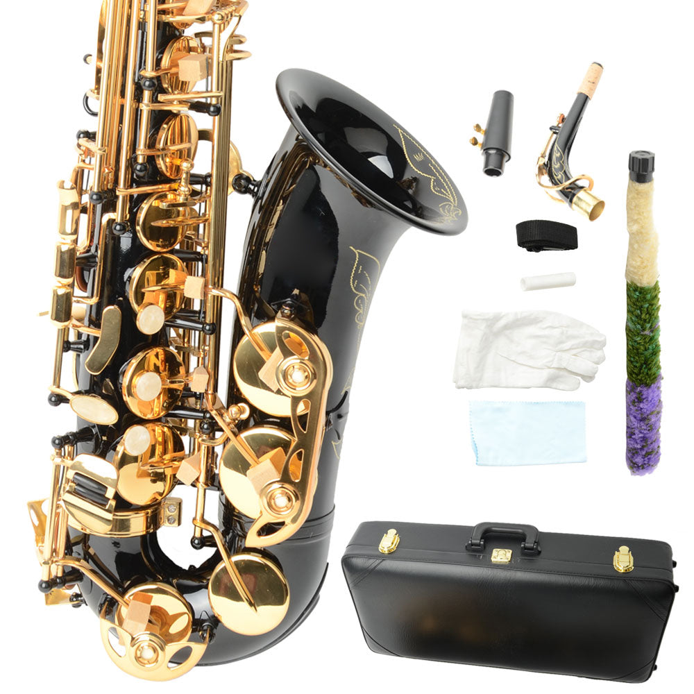 Szzzp Be Brass Carving Pattern Pearl White Shell Button Saxophone with Strap - Black
