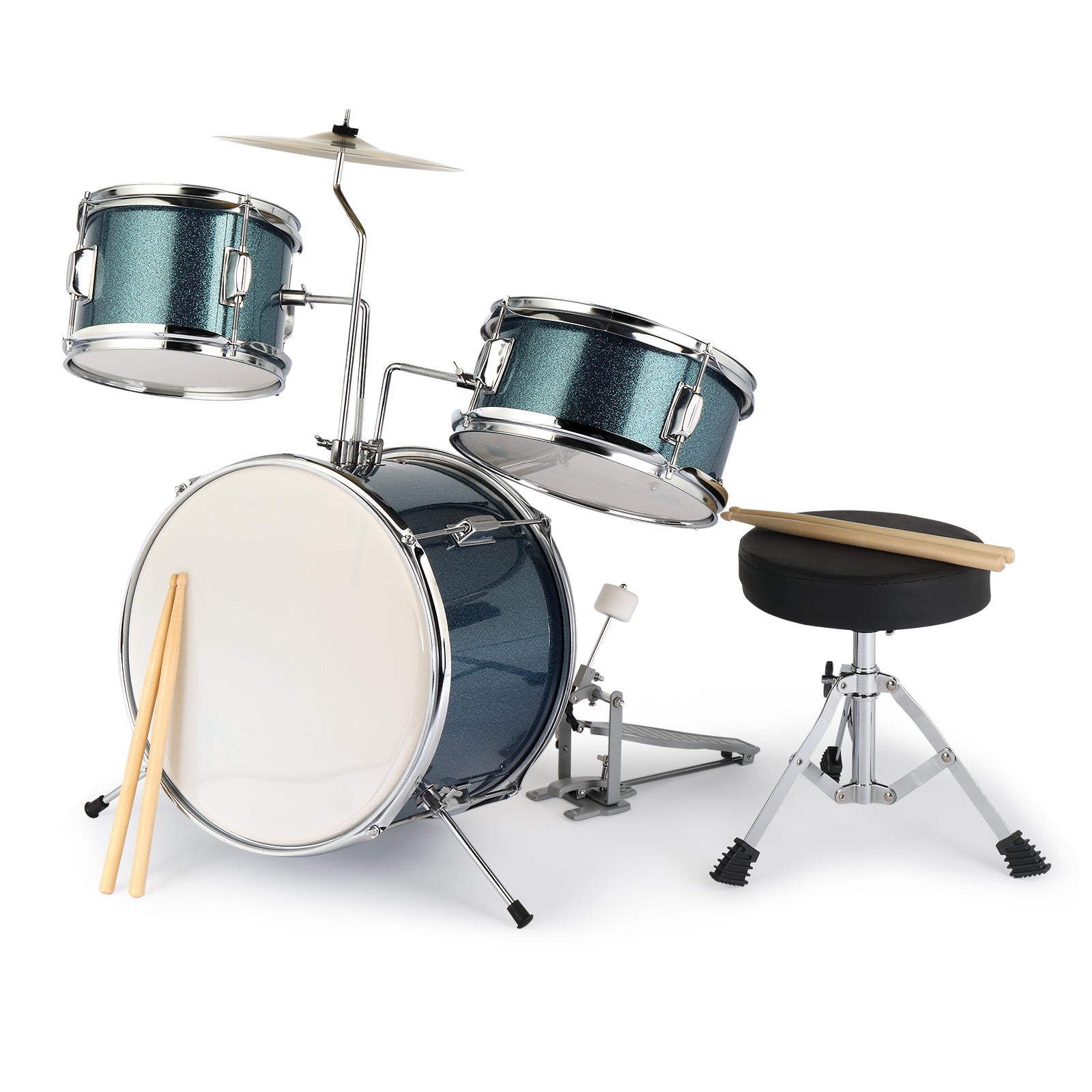 Szzzp 14"x10" 3-Pieces Junior Kids Drum Set Kit Pedal Drum Stick Wrench Drum Stool Sky Blue
