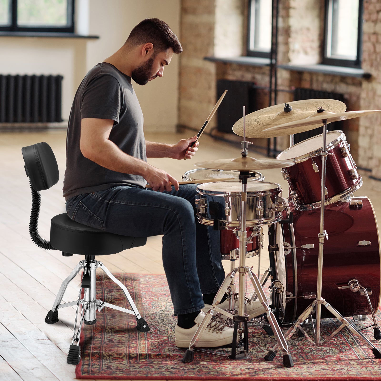 Szzzp Drum Throne with Backrest, Hydraulic Drum Stool Adjustable Height, Heavy Duty Hydraulic Drum Seat Saddle Design for Drummers - Black