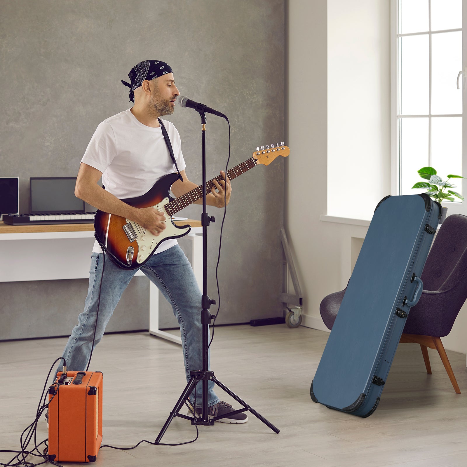Szzzp Electric Guitar Square PU Hard Case with Protective Sleeve Fits ST TL Burning fire 170 Style Electric Guitar - Blue