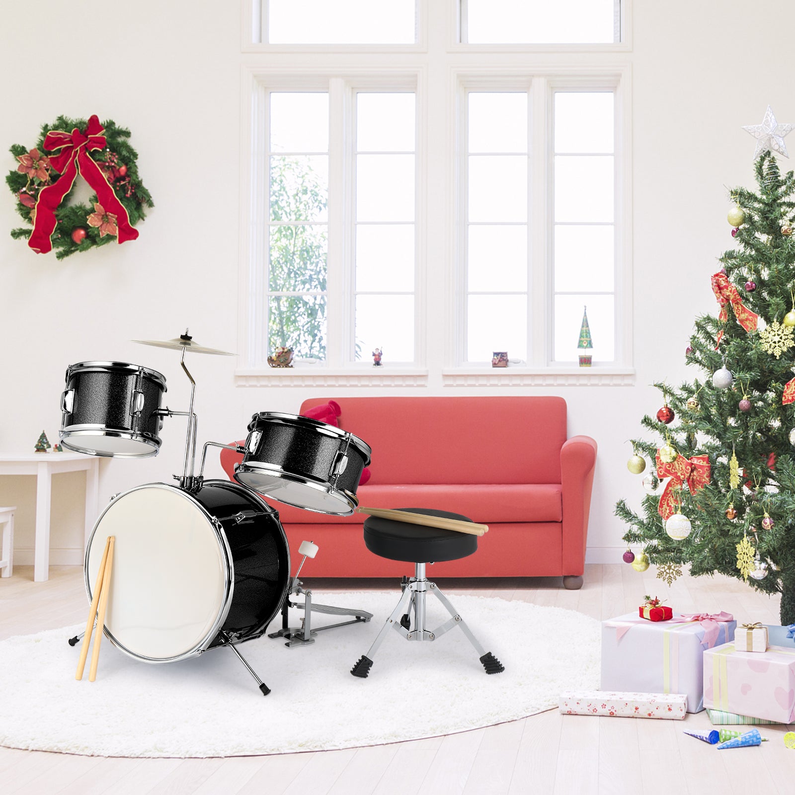 Szzzp 14"x10" 3-Pieces Junior Kids Drum Set Kit Pedal Drum Stick Wrench Drum Stool Black