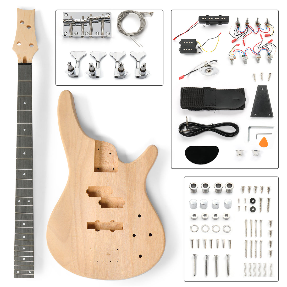 Szzzp DIY 4 String IB Style Electric Bass Guitar Kits with Mahogany Body, Maple Neck and Accessories
