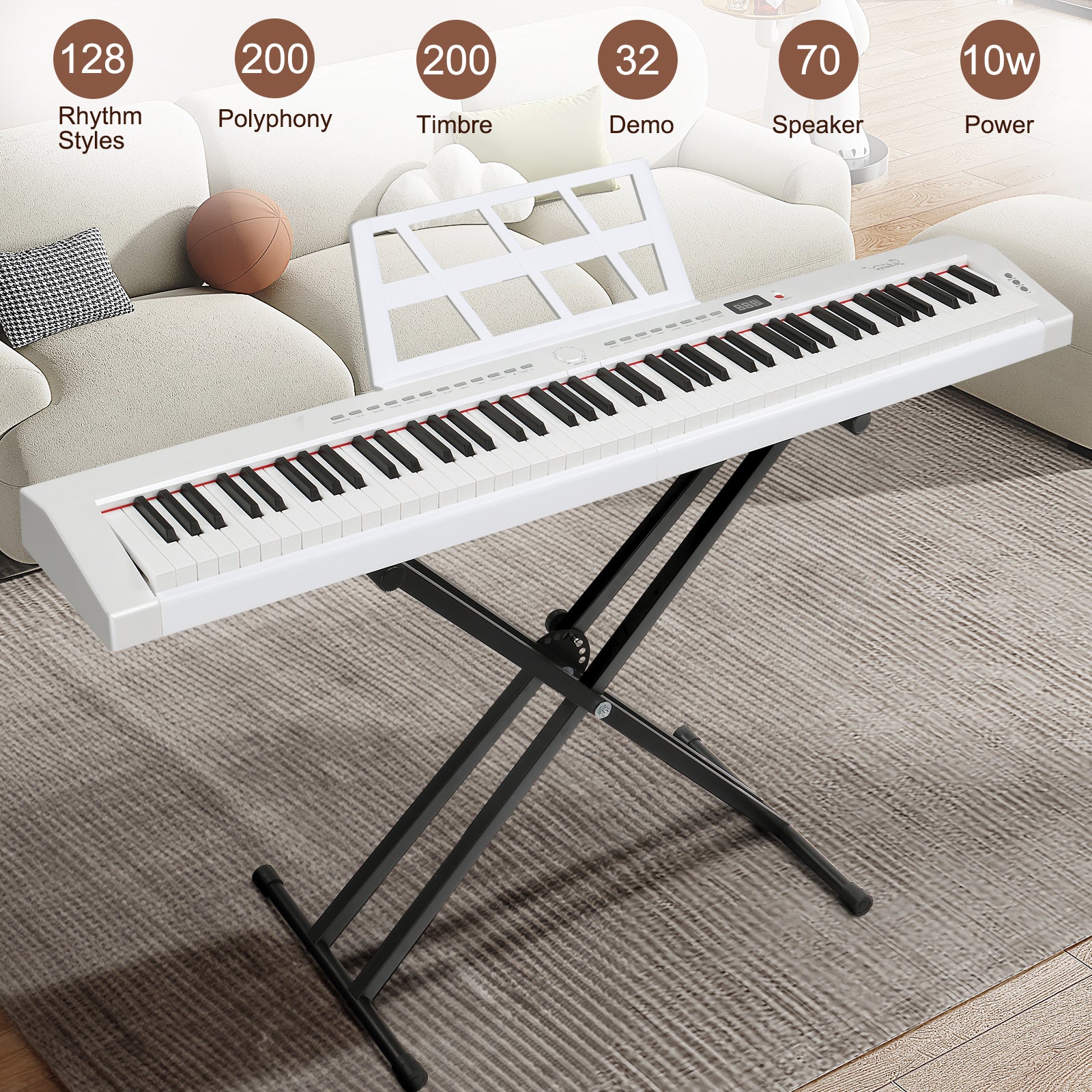 Szzzp GPP-105 88 Key Full Size Semi-Weighted Standard Keyboards Digital Piano with Dual-tube X-Shape Stand, MIDI Bluetooth, Headphone