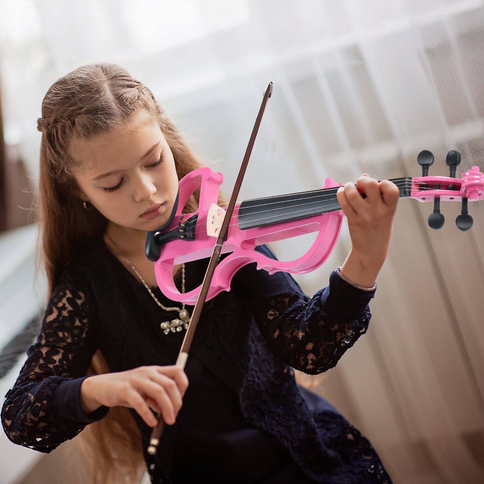 Szzzp Full Size 4/4 Bunnel Edge Electric Silent Violin with Case Bow Rosin Headphone Connecting Line Pink
