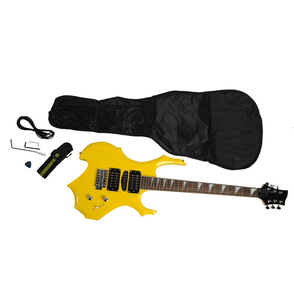Szzzp Novice Flame Shaped Electric Guitar HSH Pickup Bag Strap Paddle Rocker Cable Wrench Tool Yellow
