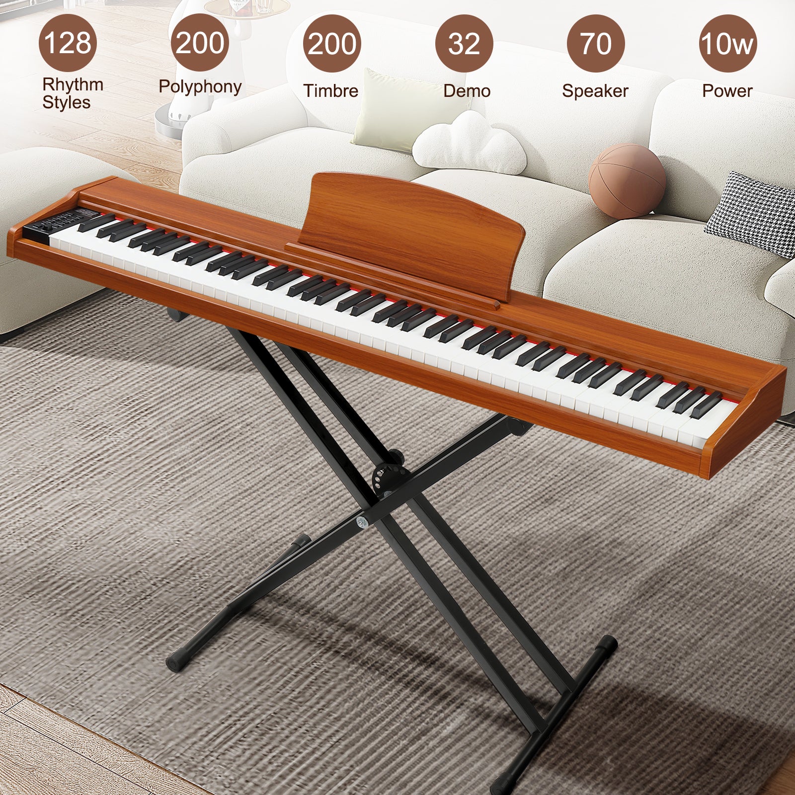 Szzzp GPP-107 88 Key Full Size Semi-Weighted Standard Keyboards Wooden Digital Piano with Stand,MIDI Bluetooth,Triple Pedals,Headphone and other accessories, Walnut
