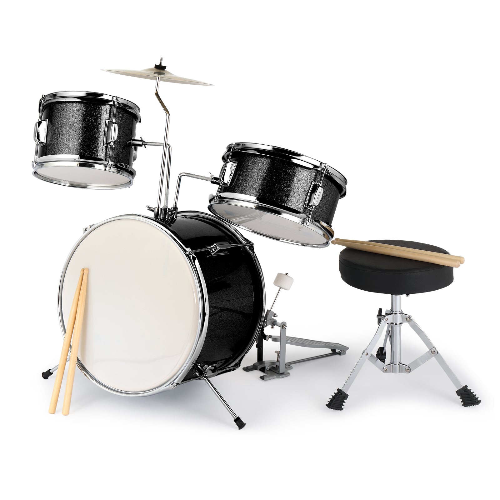 Szzzp 14"x10" 3-Pieces Junior Kids Drum Set Kit Pedal Drum Stick Wrench Drum Stool Black