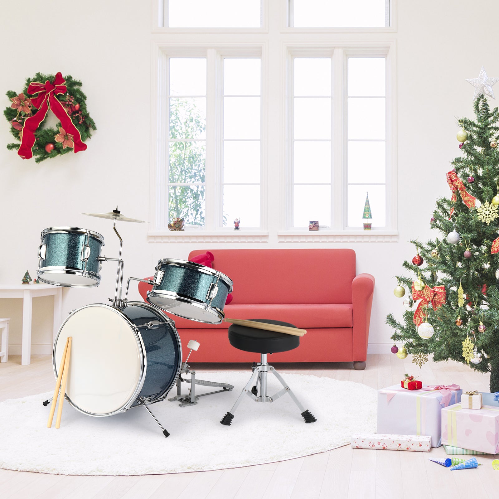 Szzzp 14"x10" 3-Pieces Junior Kids Drum Set Kit Pedal Drum Stick Wrench Drum Stool Sky Blue