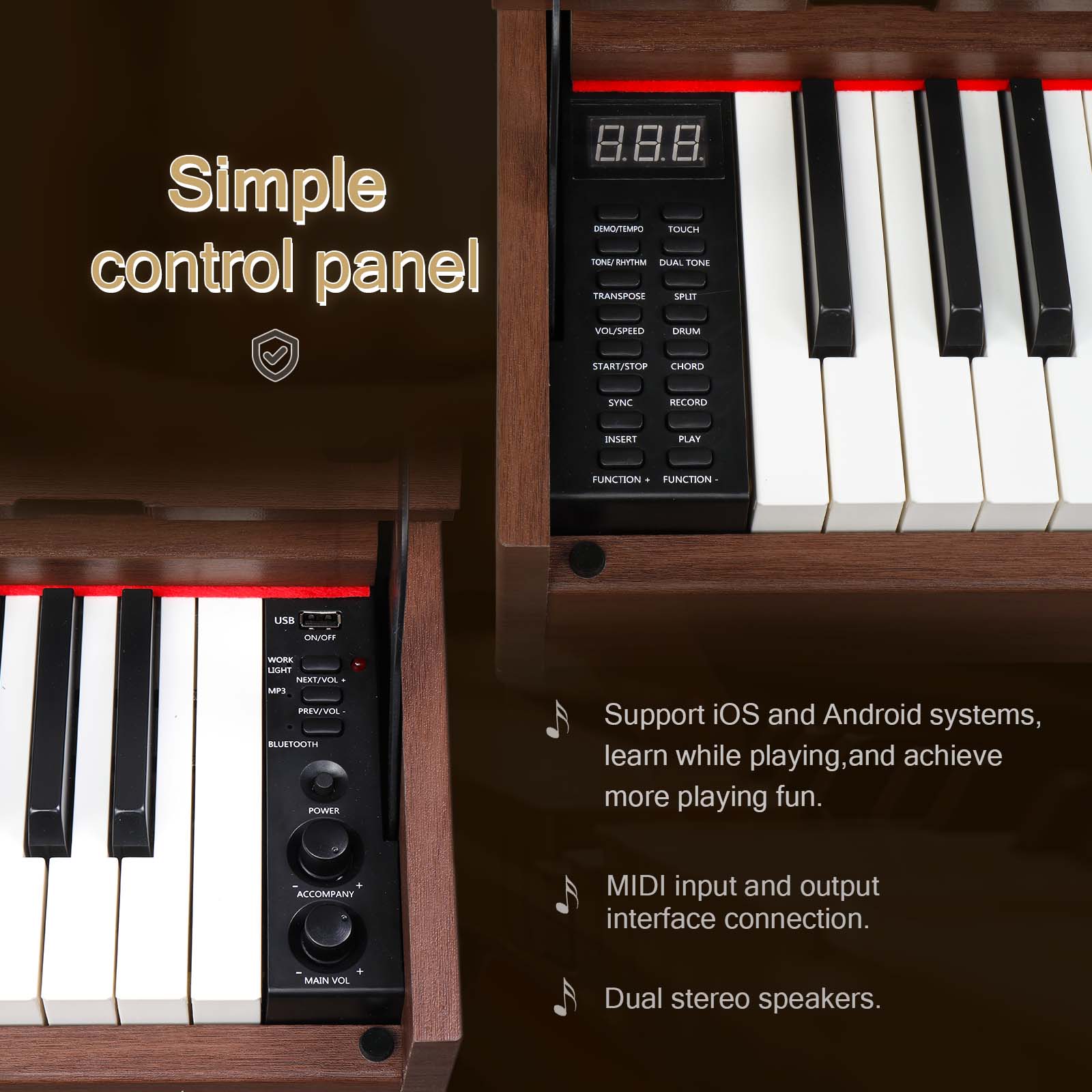Szzzp GDP-107 88 Key Standard Full Weighted Keyboards Digital Piano with Furniture Stand, Audio and MIDI Bluetooth, Triple Pedals, Headphone，for Black Walnut