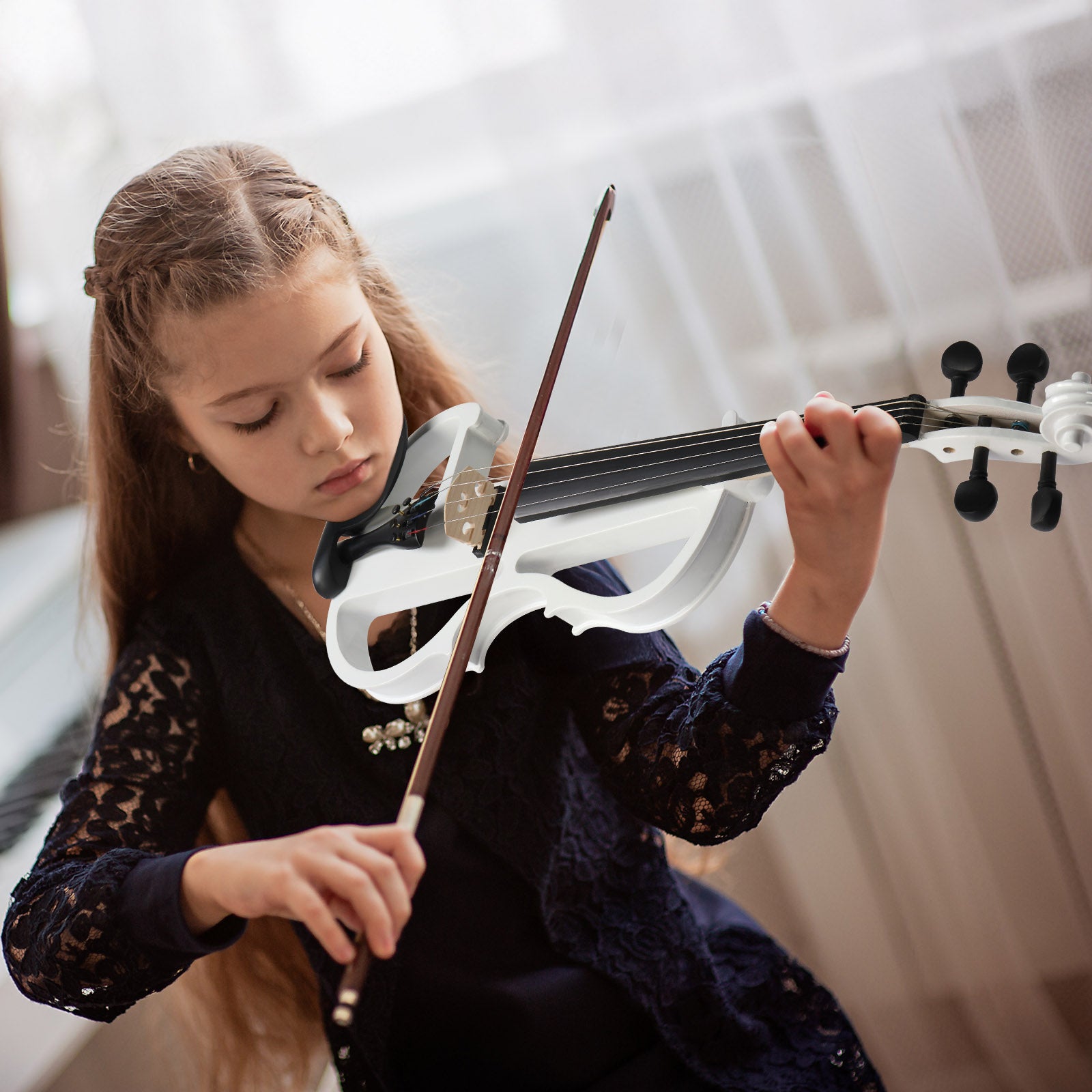 Szzzp Full Size 4/4 Bunnel Edge Electric Silent Violin with Case Bow Rosin Headphone Connecting Line - White