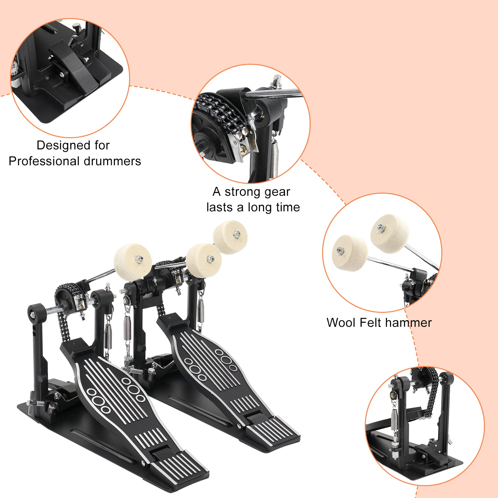 Szzzp Wool Felt Hammer Double Drum Pedal Professional Double Bass Drum Pedal Black