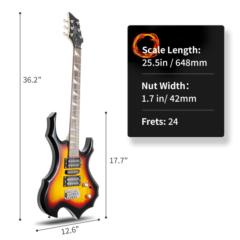 Glarry 36inch Burning Fire Style Sunset Electric Guitar w/ 20W Amplifier
