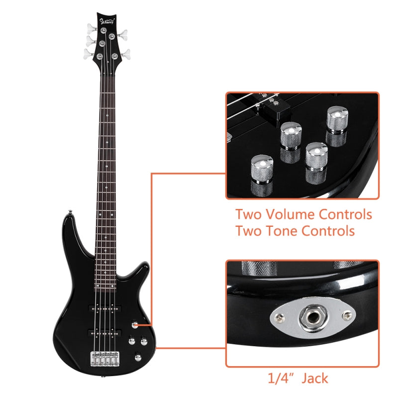 Glarry GIB 5 String Electric Bass Guitar Full Size SS Pick-up - Black