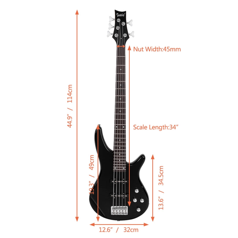 Glarry GIB 5 String Electric Bass Guitar Full Size SS Pick-up - Black
