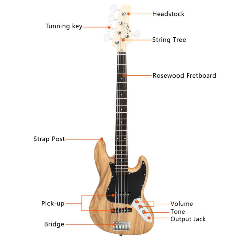Glarry GJazz Electric 5 String Bass Guitar Full Size - Burlywood