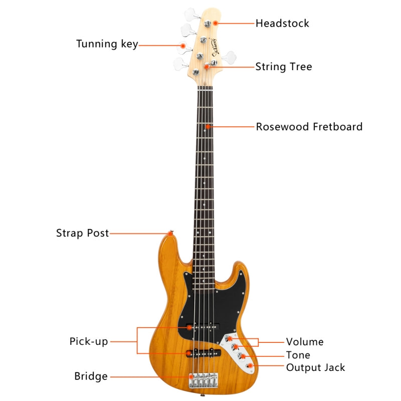 Glarry GJazz Electric 5 String Bass Guitar Full Size - Yellow
