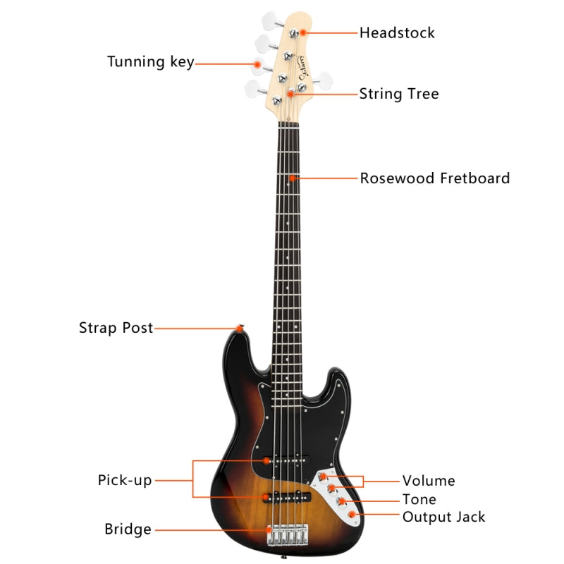 Glarry GJazz Electric 5 String Bass Guitar Full Size - Sunset