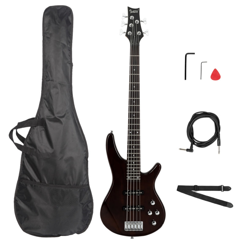 Glarry GIB 5 String Electric Bass Guitar Full Size SS Pick-up - Brown