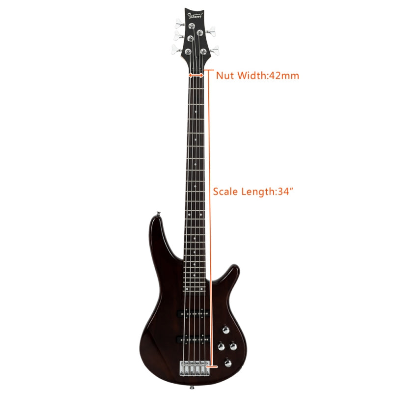 Glarry GIB 5 String Electric Bass Guitar Full Size SS Pick-up - Brown