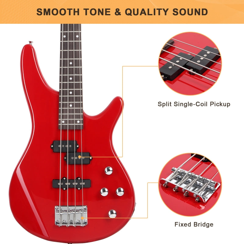 Glarry GIB 4 String Bass Guitar Full Size - Red