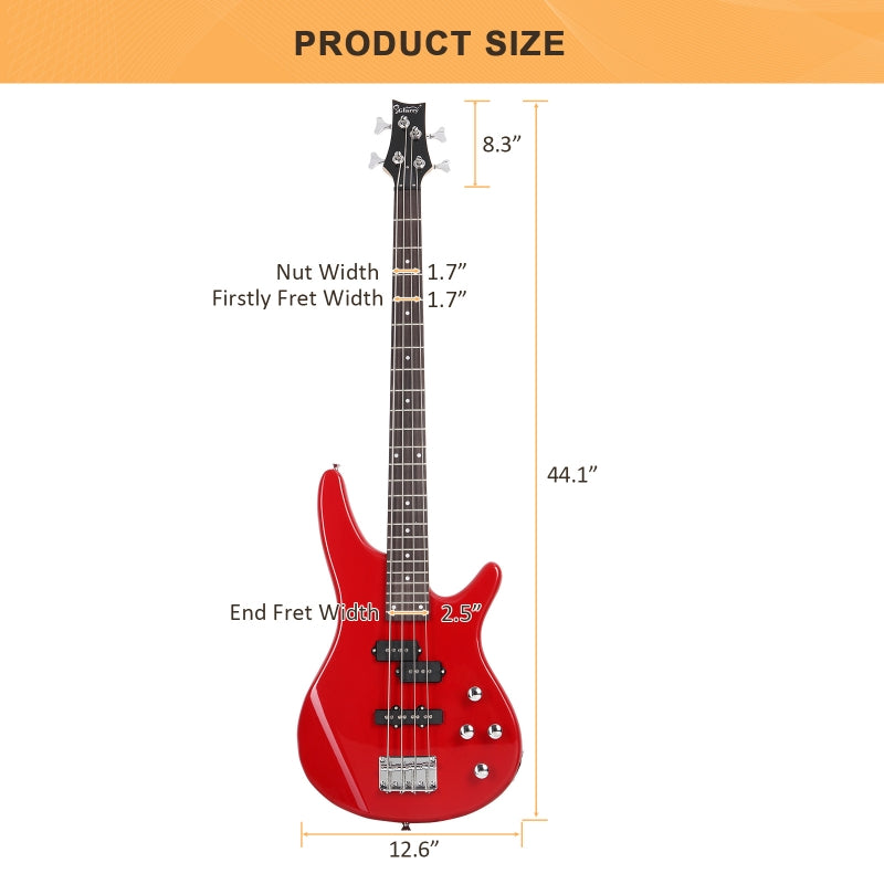 Glarry GIB 4 String Bass Guitar Full Size - Red
