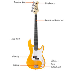 Glarry GP Electric Bass Guitar Yellow w/20W Amplifier - Yellow