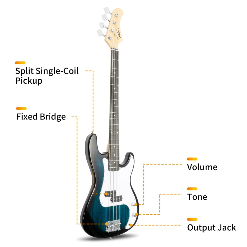 Glarry GP Electric Bass Guitar Blue w/ 20W Amplifier - Blue